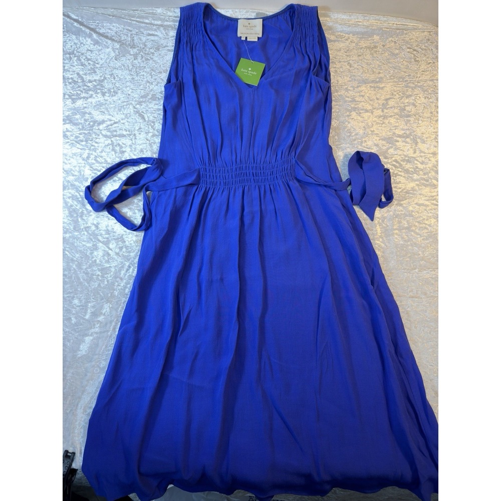 Kate Spade Dress Women XS Indigo Blue Fluid Crepe Tie Back Midi NWT